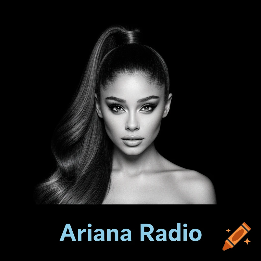 Black-and-white portrait of Ariana Grande with a high ponytail, text 'Ariana Radio' in blue.