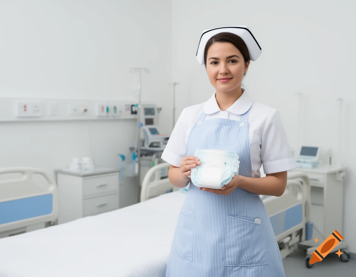 A smiling female nurse in a white uniform and striped apron holds a diaper in a clean hospital room.