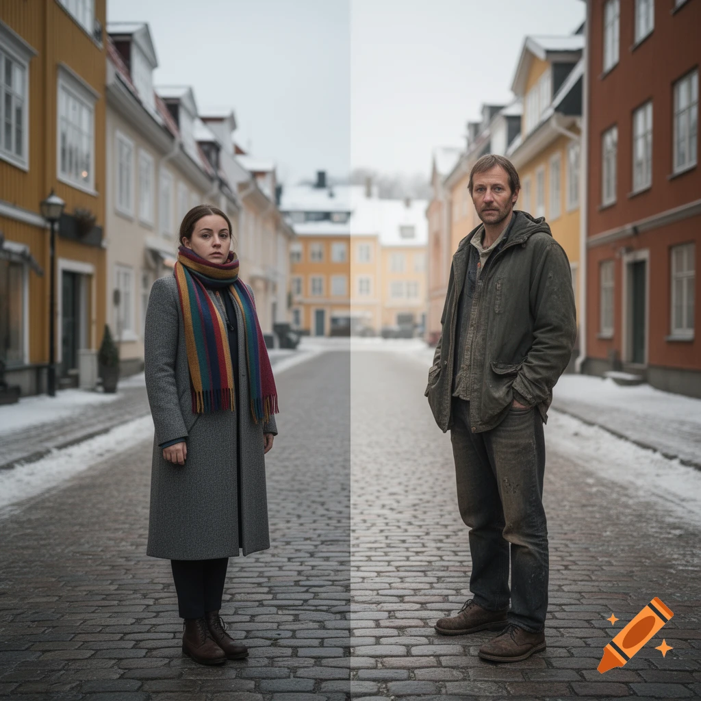 A woman in a grey coat and colorful scarf and a man in a dark jacket stand on a snowy, cobbled street with buildings, split by a vertical line.