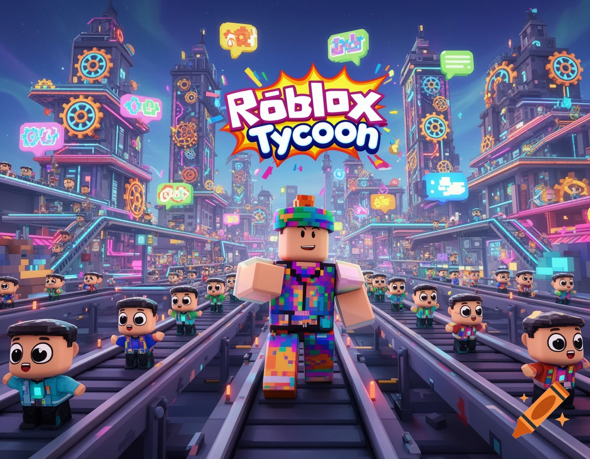 A colorful, blocky city with Roblox-style characters on tracks, with the text 'Roblox TYCOON' prominently displayed.