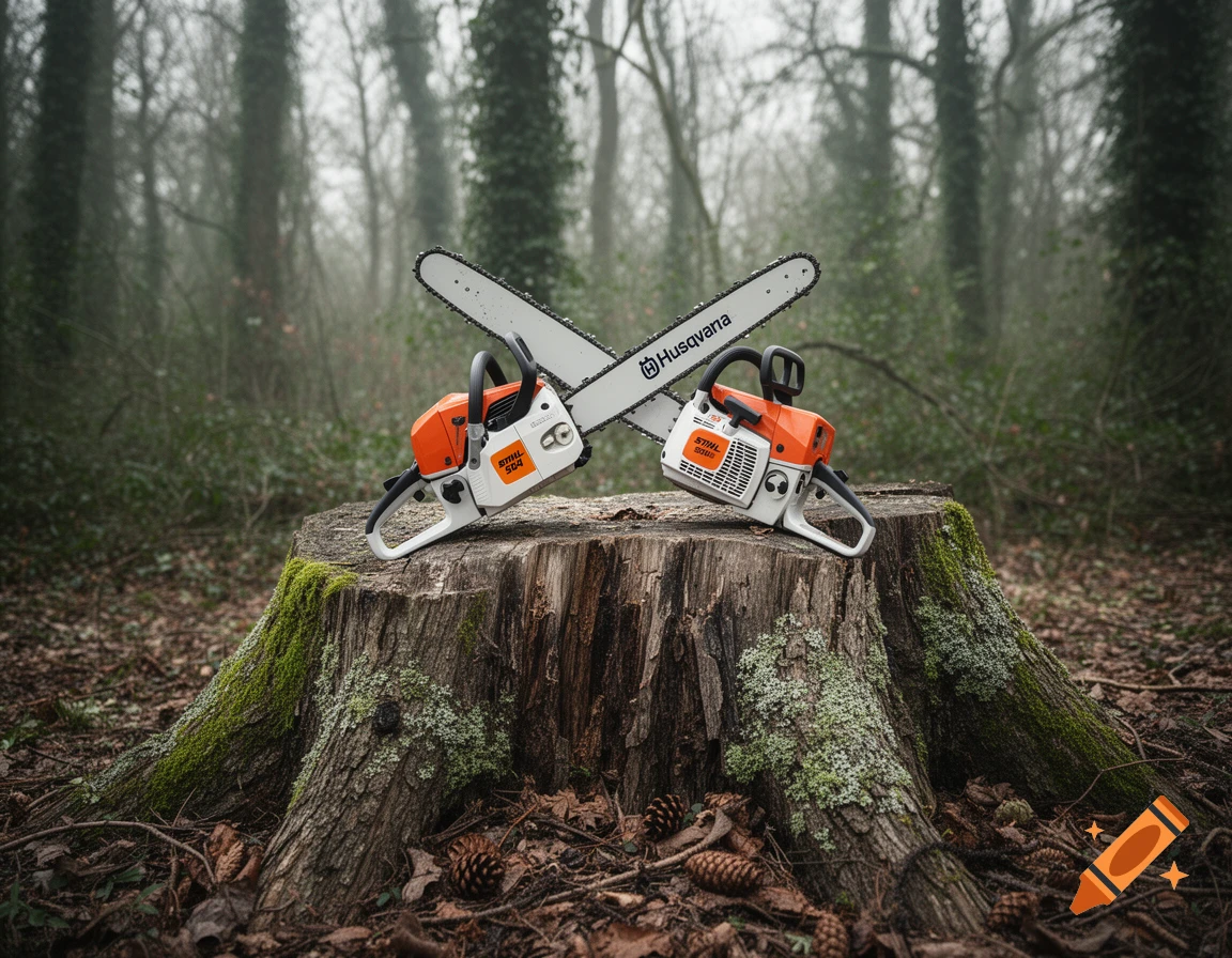 Two chainsaws, one Husqvarna and one Stihl, are crossed on a mossy tree stump in a misty forest.