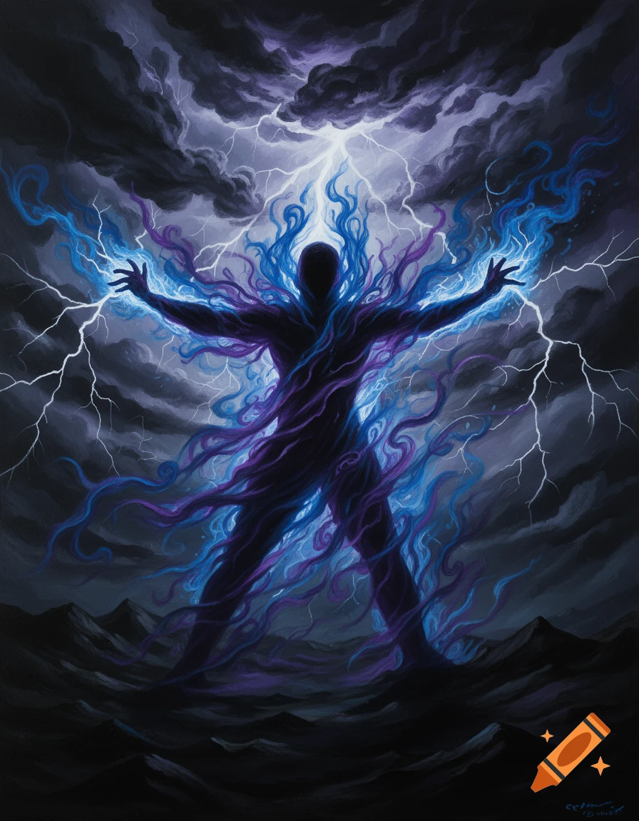 A dark silhouette figure with outstretched arms, emanating blue and purple energy and lightning amidst a stormy sky and rough waters, in a dramatic painterly style.