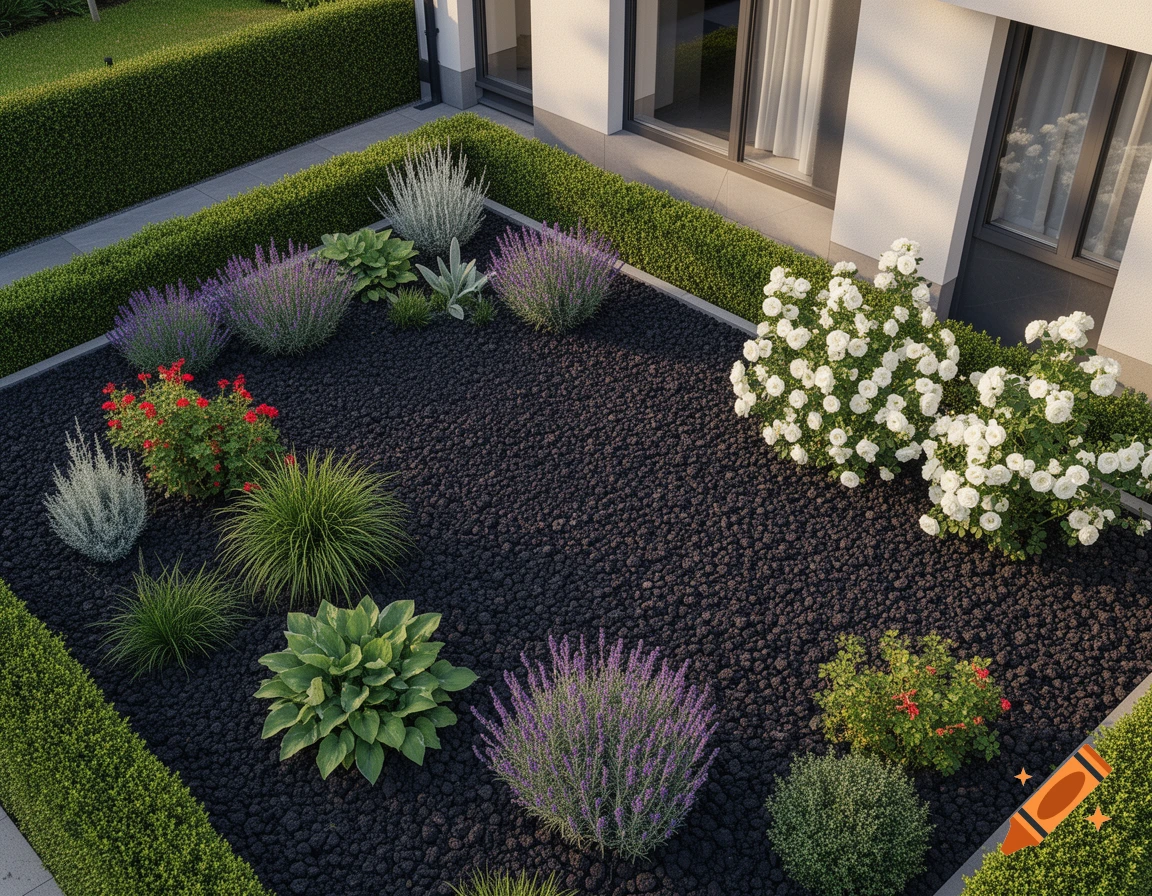 An aerial view of a modern garden with dark lava mulch, white shrub roses, purple lavender, green hostas, and other plants bordered by hedges.