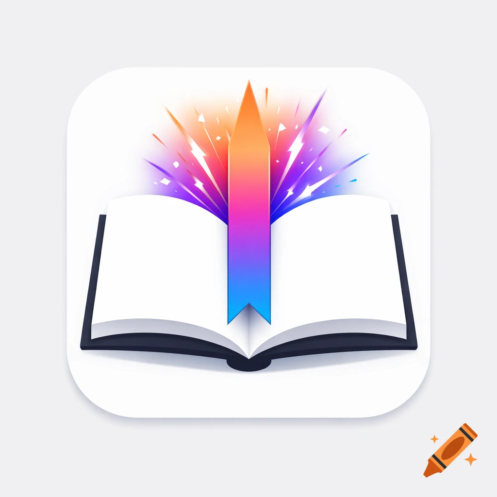 A minimalist app icon featuring an open book with blank pages and a vibrant peach-lavender-blue gradient bookmark.