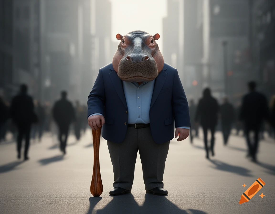 A serious-looking hippo man in a blue suit and grey pants stands with a wooden club on a city street, with blurred people in the background.