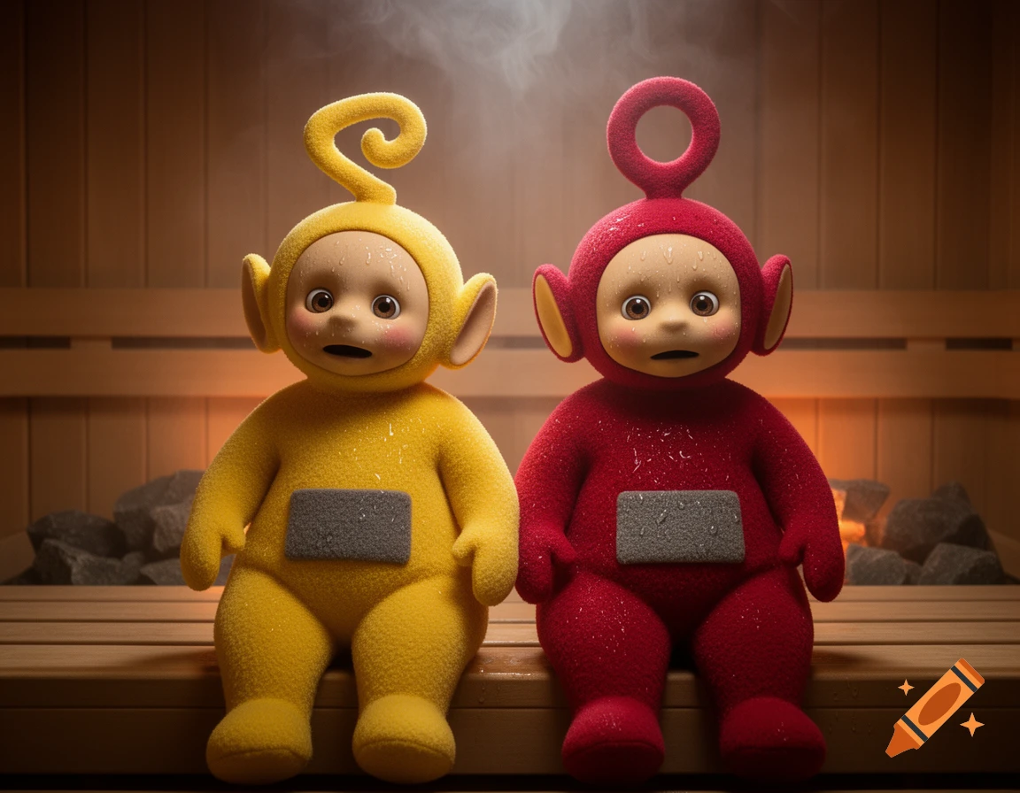 Hyperrealistic yellow and red Teletubbies, sweaty and wet, sitting in a sauna, looking distressed.