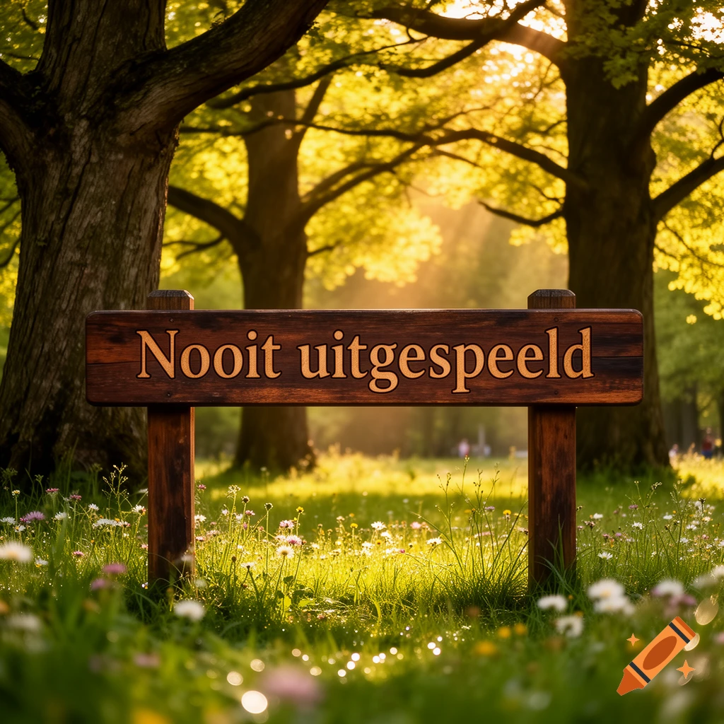 A wooden sign saying "Nooit uitgespeeld" stands in a sun-dappled grassy forest with trees and wildflowers, photorealistic.
