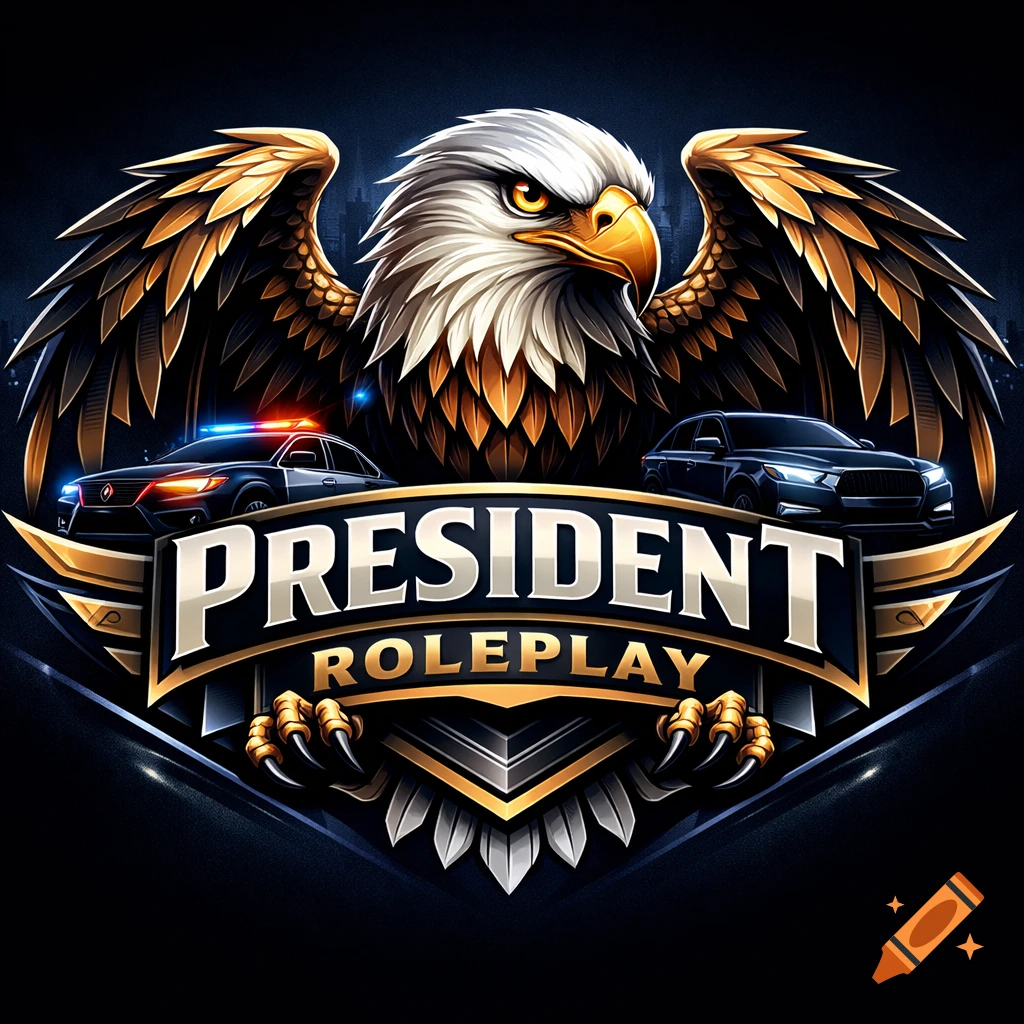 Detailed emblem logo with a white-headed eagle, a police car, and a dark sedan, featuring the text 'PRESIDENT ROLEPLAY'.
