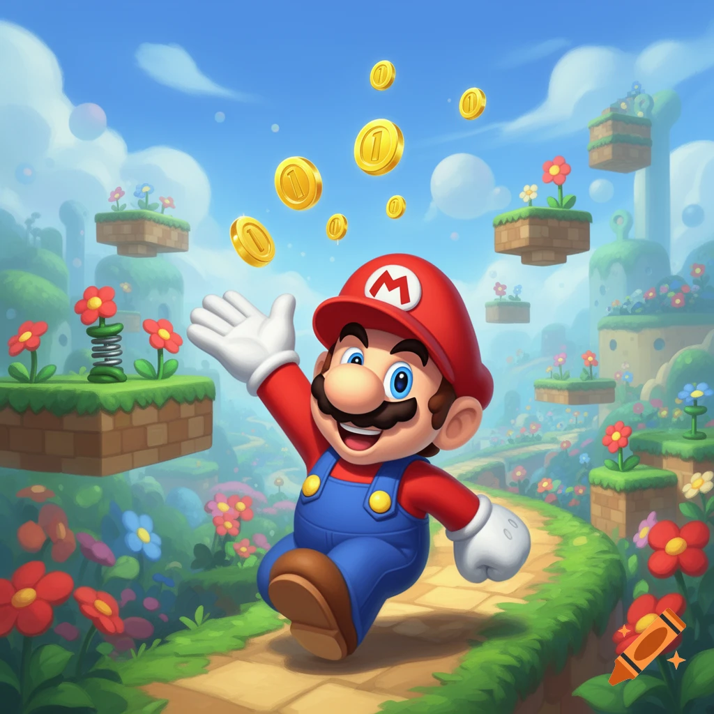 Mario cheerfully runs on a path, reaching for golden coins in a vibrant, flowery landscape with floating platforms in a cartoon style.