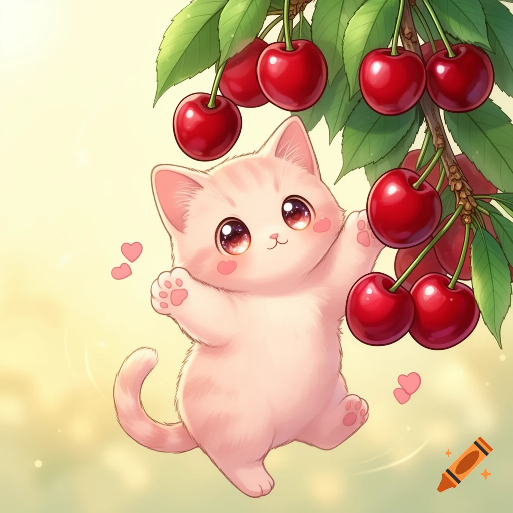 A cute, light pink kitten with big eyes reaches for ripe red cherries on a branch in a soft, kawaii illustration.