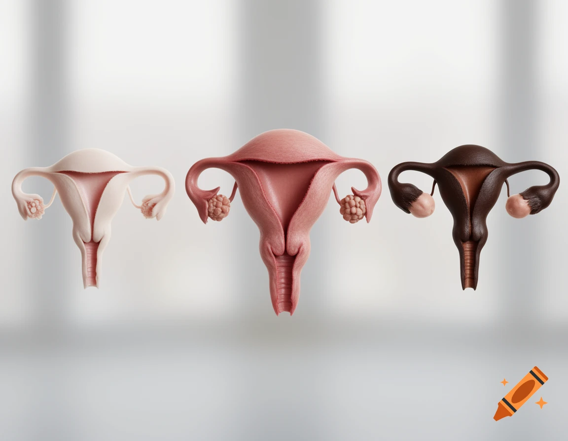 Three anatomical models of uteri and ovaries in light, medium, and dark skin tones.