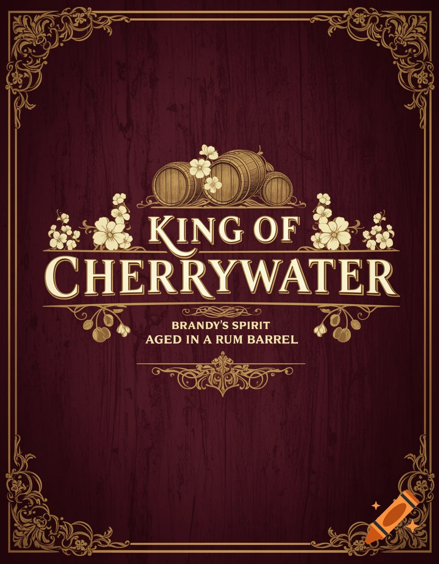 Vintage 'King of Cherrywater' brandy label featuring wooden barrels, white flowers, and cherries, framed by an ornate gold border on a dark red wood background.