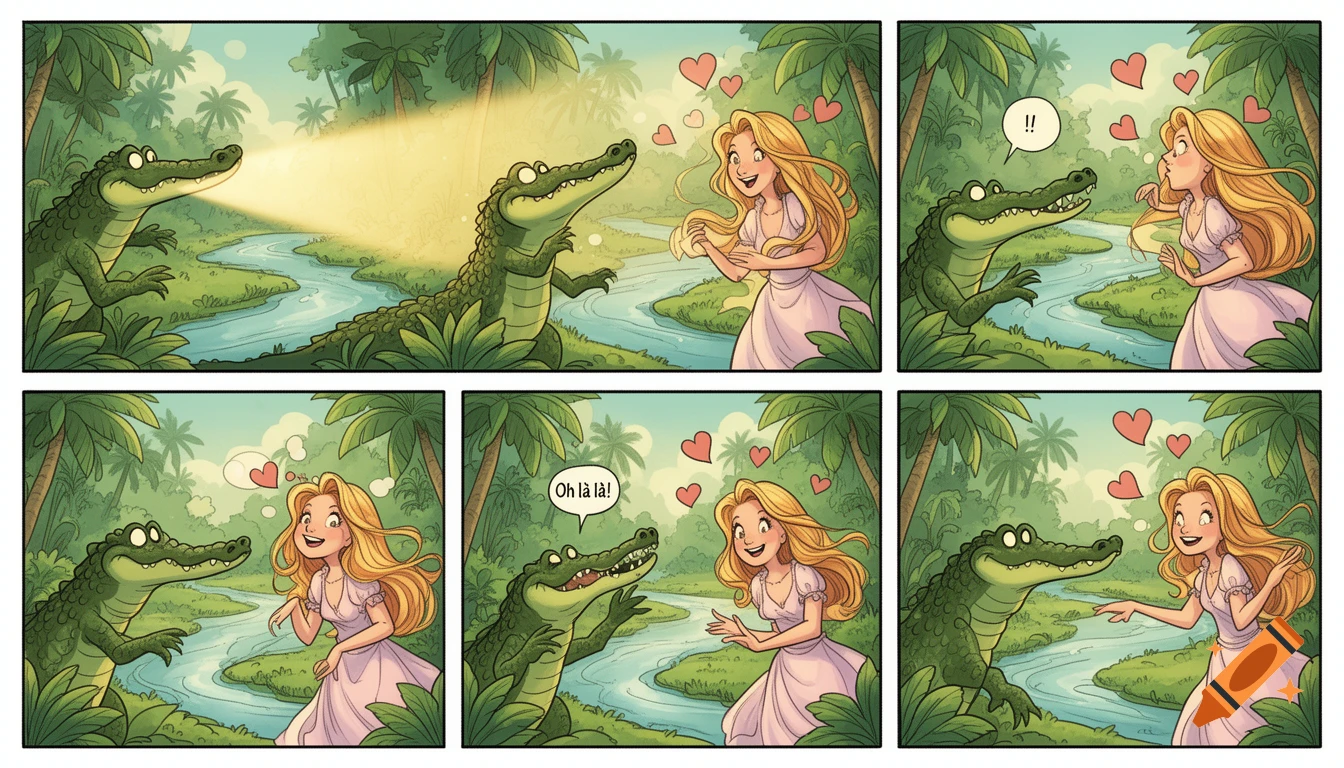 A six-panel comic strip shows a crocodile falling in love with a blonde girl in a lush jungle setting, with hearts.