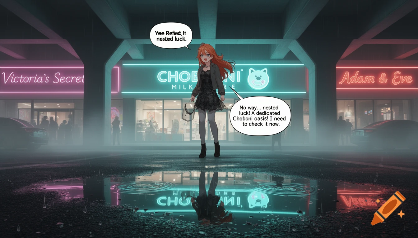An anime-style girl stands on a wet street at night in front of neon-lit stores, including 'Victoria's Secret' and 'CHOBONI MILK STORE', with her reflection visible in a puddle.