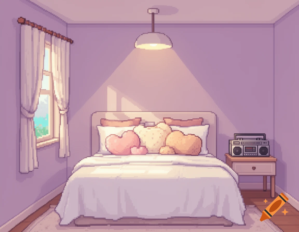 A cozy pixel art bedroom with lilac walls, a bed with heart pillows, a window, a nightstand with a boombox, and a ceiling lamp.