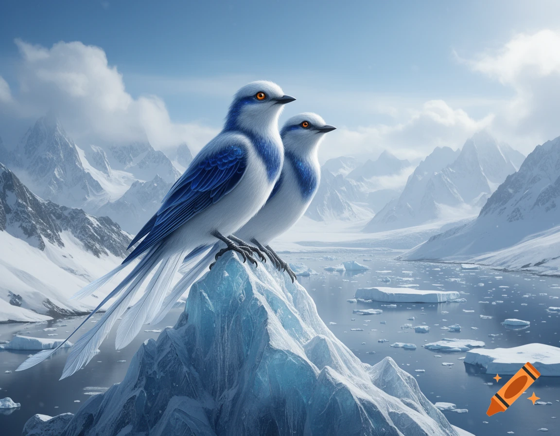 Two majestic blue and white bird-like creatures perched on an ice peak in a snowy Arctic mountain range.