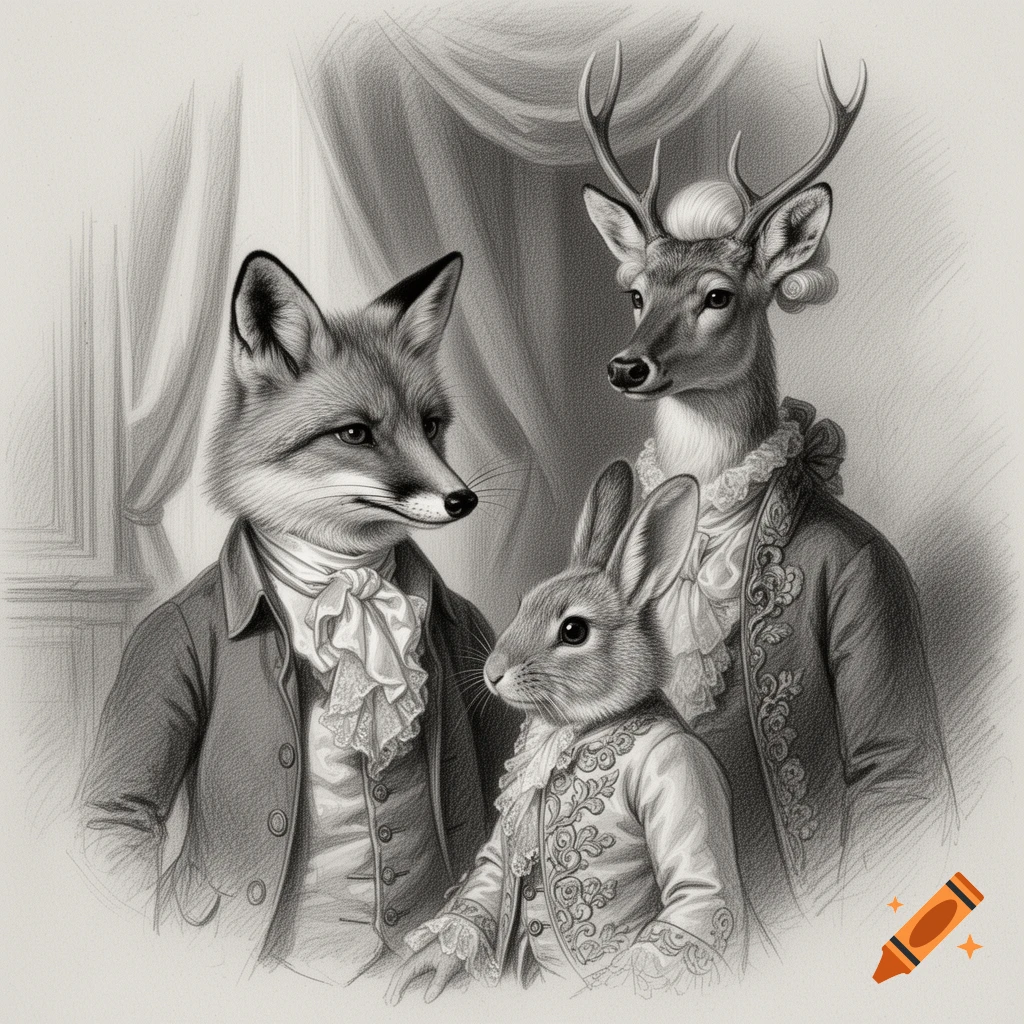 A gray pencil drawing of a fox, a deer, and a rabbit in 1700s period clothing.