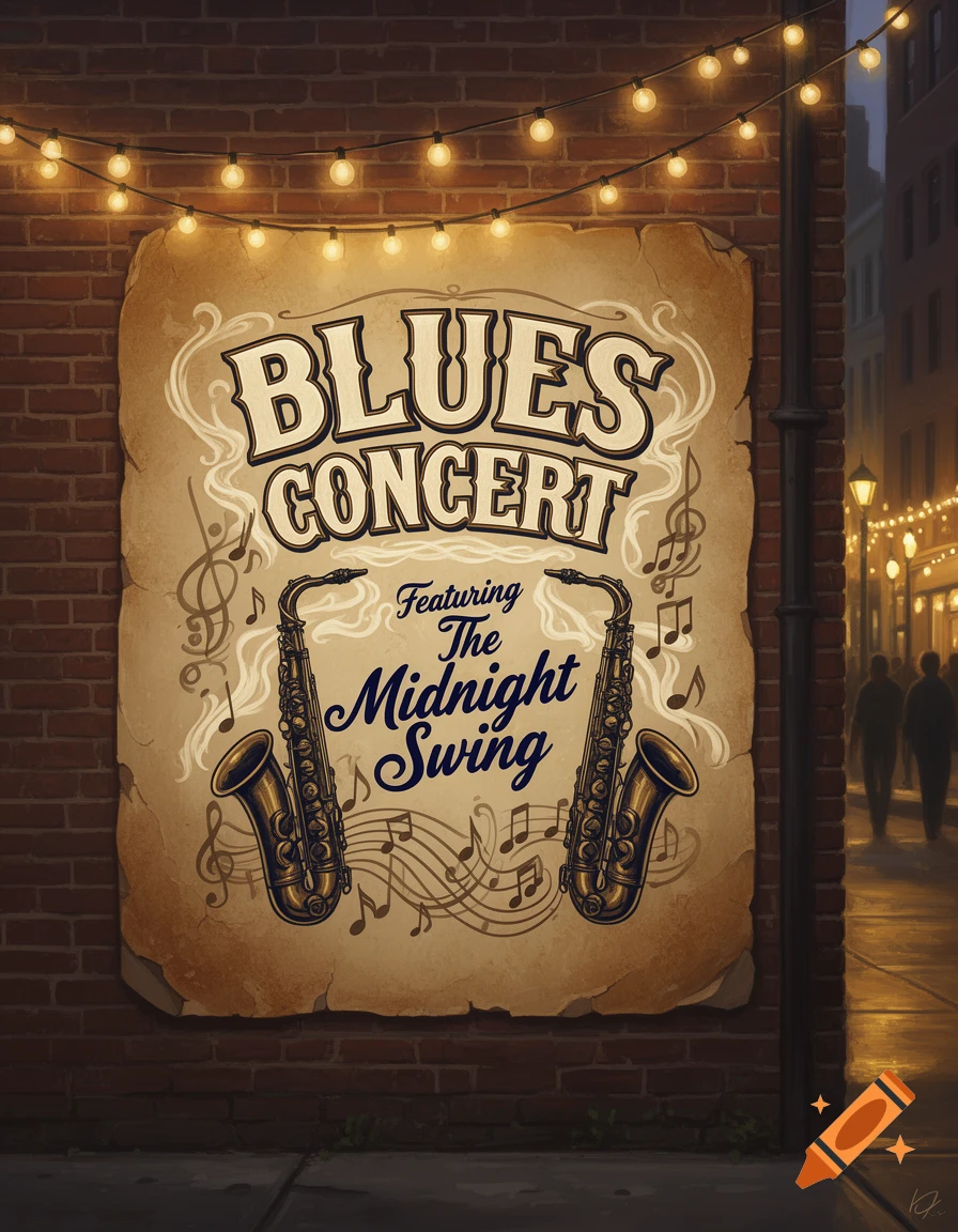 A vintage-style blues concert poster featuring two saxophones and musical notes, hanging on a brick wall under string lights at night.