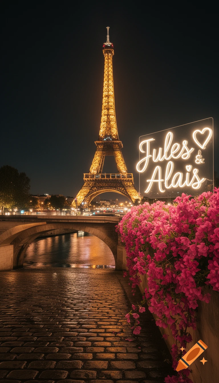 Illuminated Eiffel Tower at night with a 'Jules & Alaïs' neon sign, pink flowers, wet cobblestones, and a bridge over the Seine river.