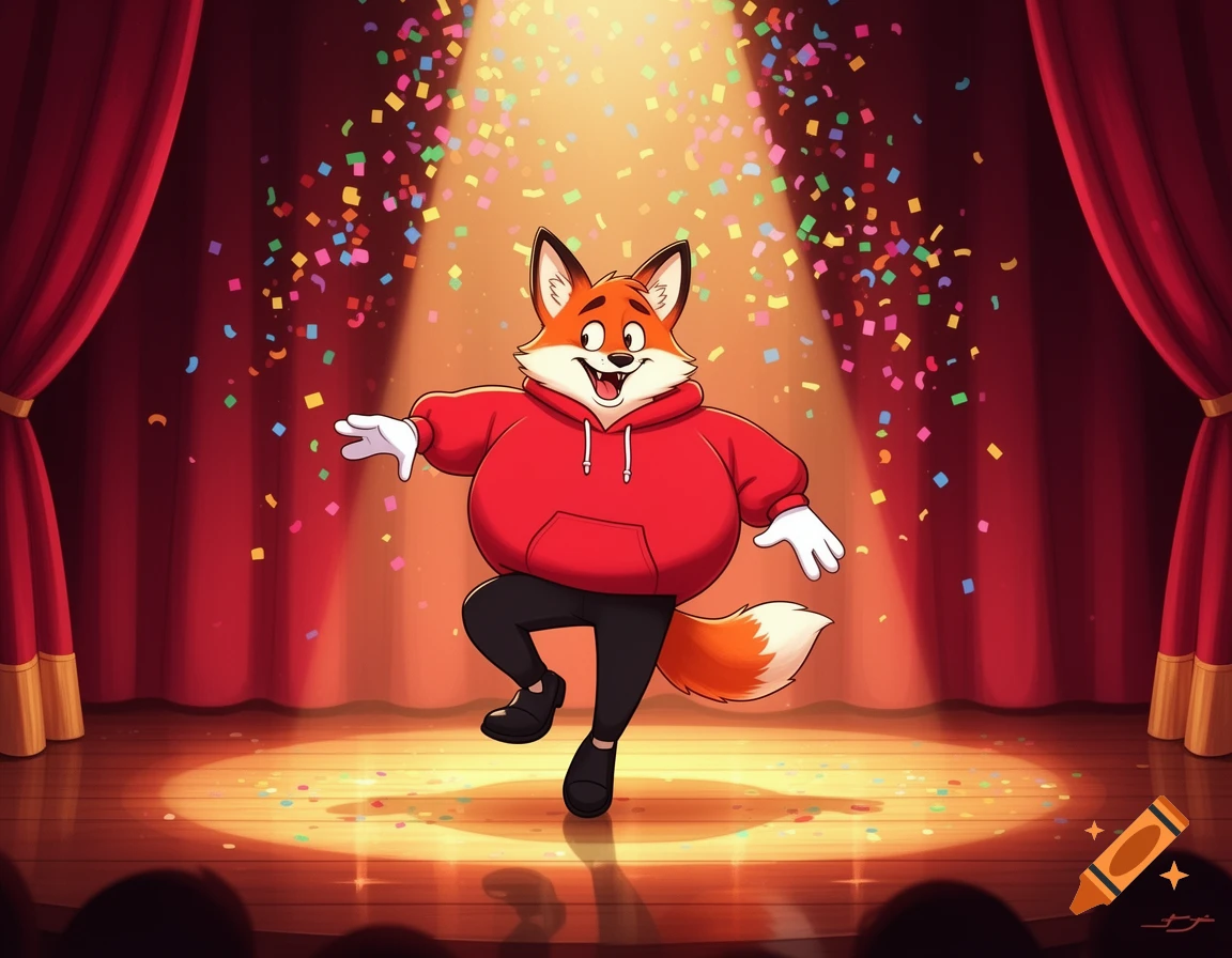 A cartoony fox in a red hoodie, black pants, and white gloves tap dancing on a grand theatre stage with confetti falling.