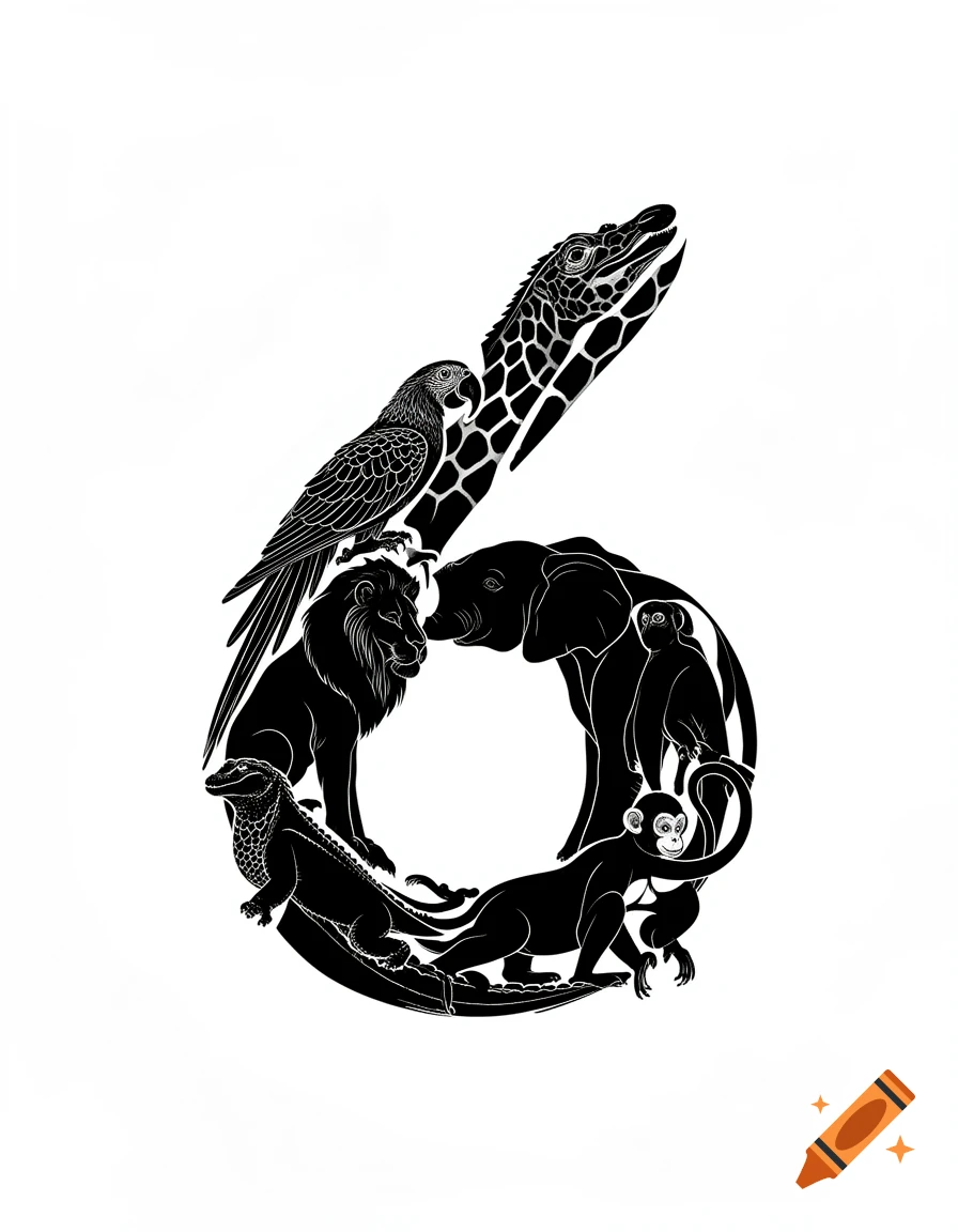 Black and white illustration of animal silhouettes, including a crocodile, lion, parrot, giraffe, elephant, and monkey, arranged to form the number six.