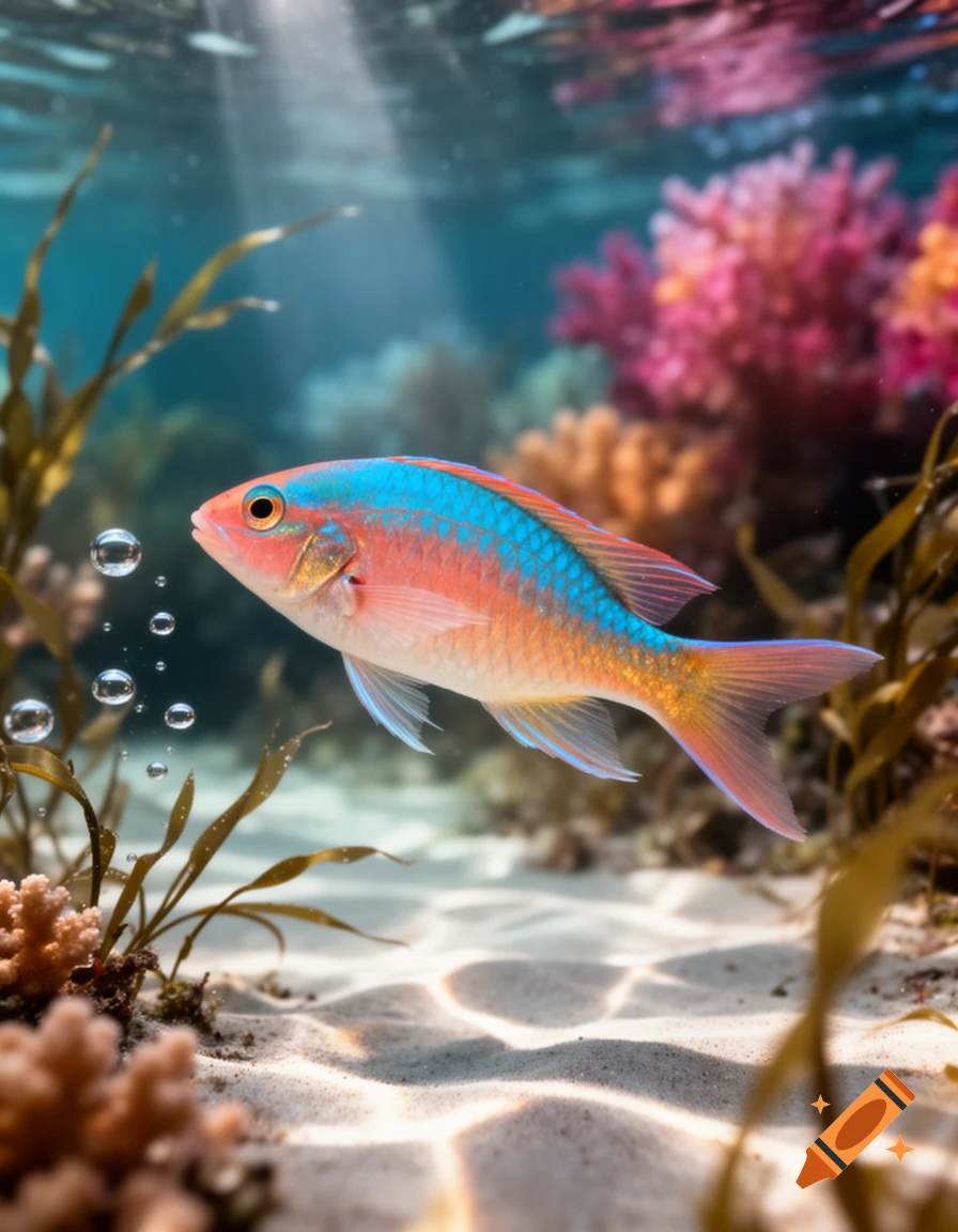 A vibrant blue and pink fish swims gracefully above a sandy seabed with green seaweed and coral, illuminated by sun rays filtering through clear water.