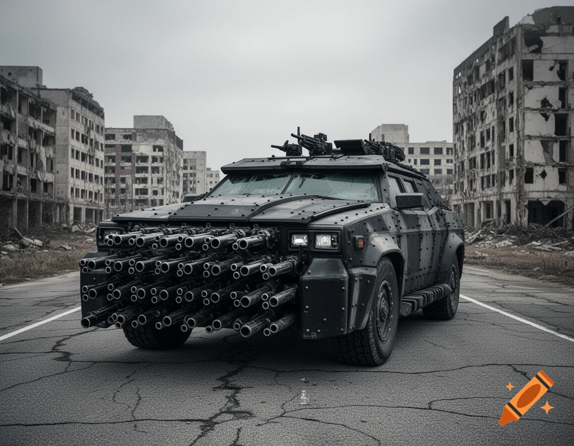 Heavily armored vehicle with many gun barrels on its front, parked on a cracked road in a ruined city under a gray sky.