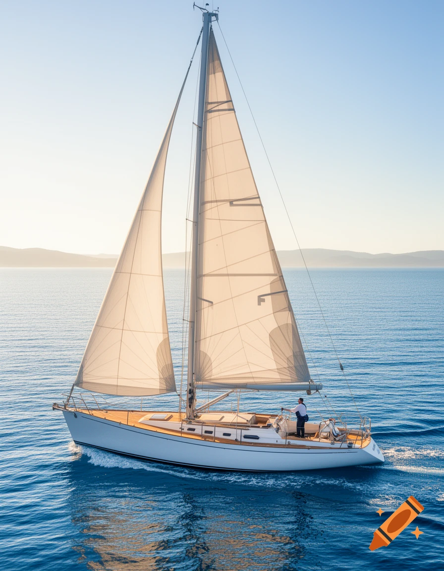 A white sloop sailboat with sails up, a person at the helm, glides on blue ocean water under a clear sky.