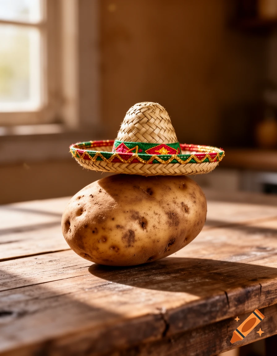 A russet potato wearing a small, decorative straw sombrero sits on a rustic wooden table bathed in sunlight.