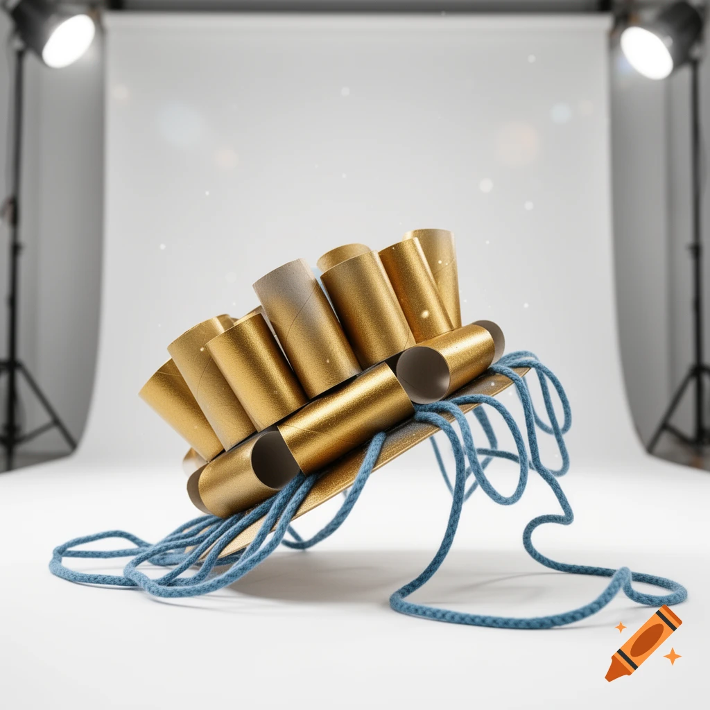 A fancy hat made from gold toilet paper rolls and blue rope, photographed in a studio setting.