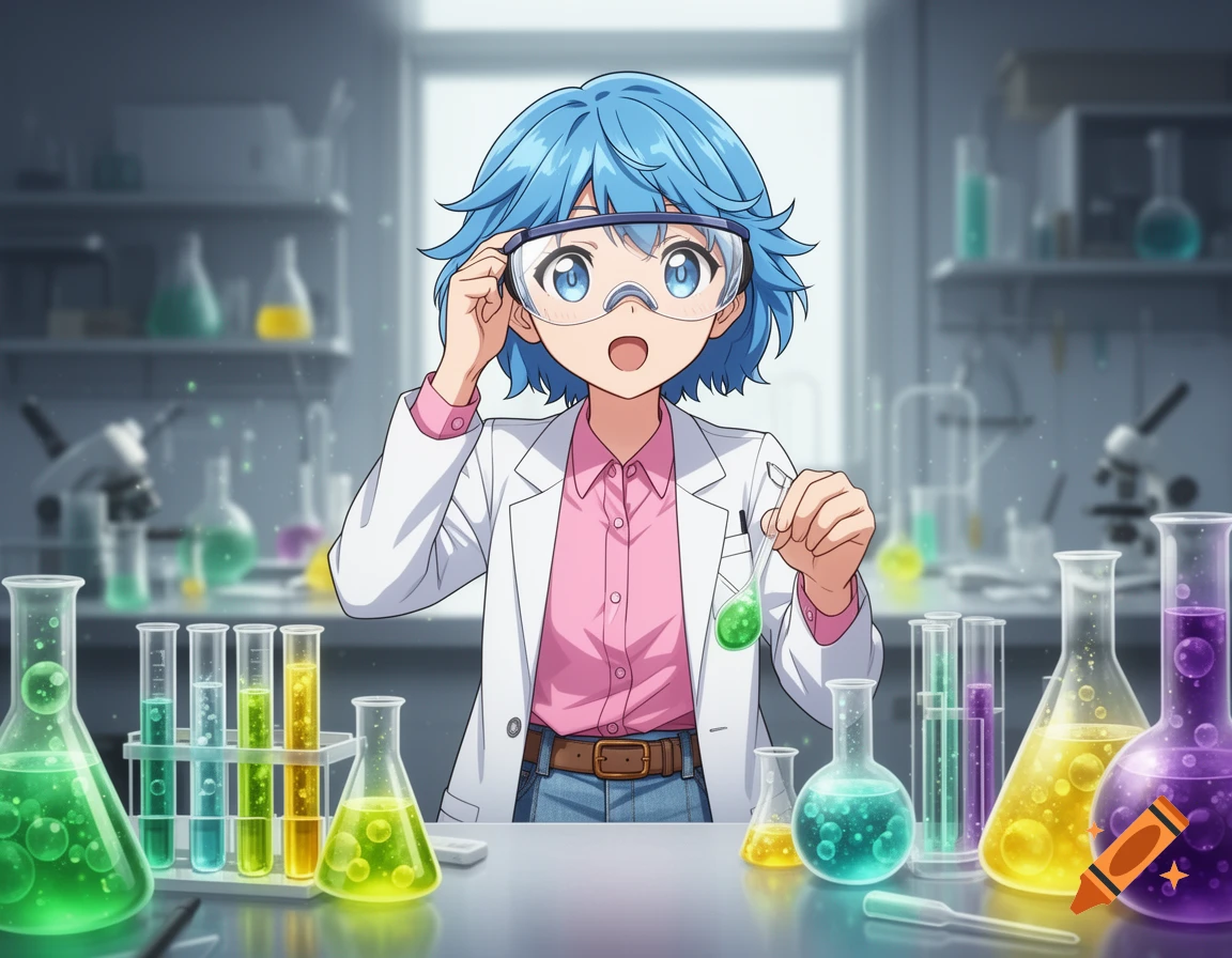 An excited anime girl with blue hair and goggles in a science lab, holding a flask and surrounded by colorful beakers and test tubes.