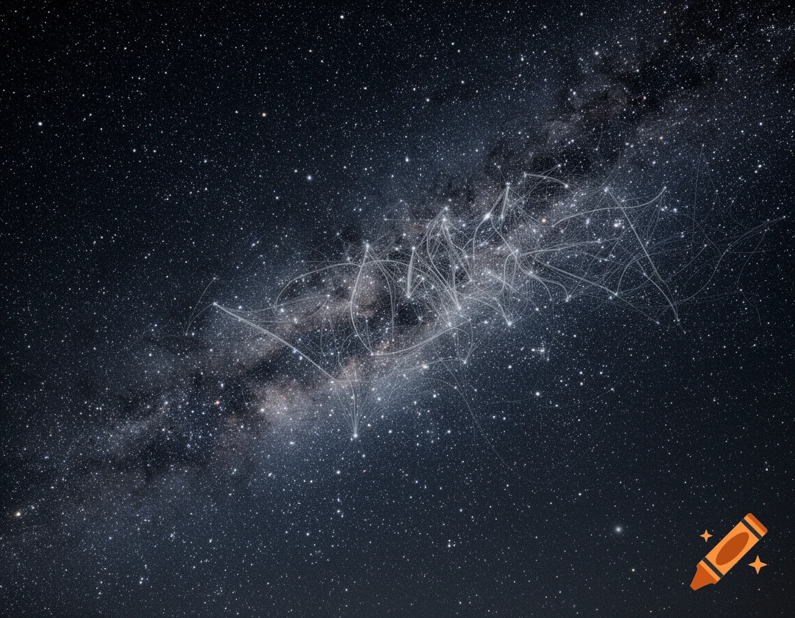 A starry night sky showing the Milky Way, overlaid with a glowing, interconnected network of white lines and dots.