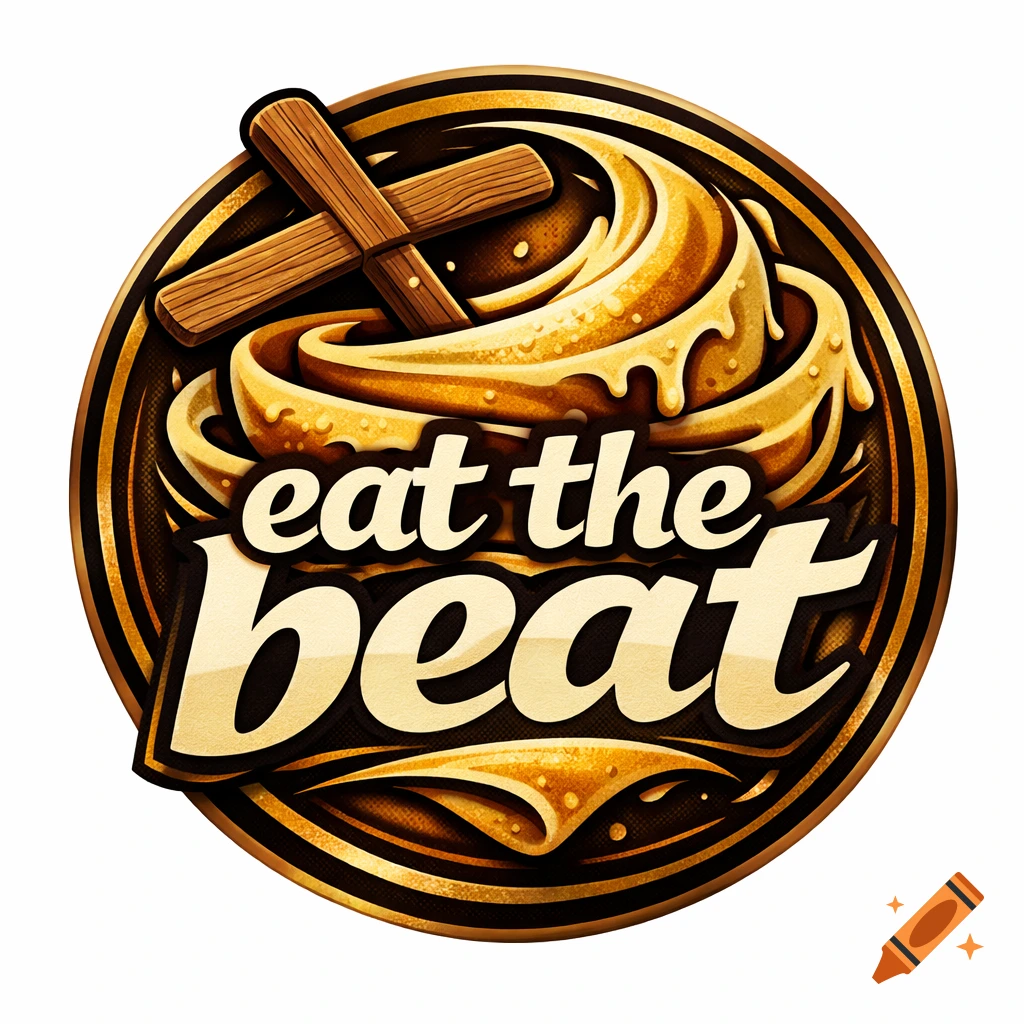 Circular logo with golden swirled dough or cream, a wooden cross-shaped spatula, and the text 'eat the beat'.