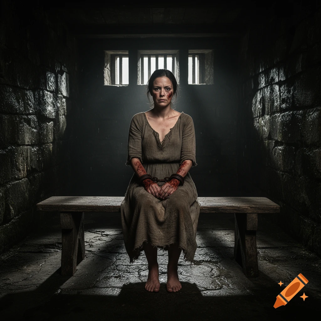 A somber woman with bloodied, chained wrists sits on a wooden bench in a dark, stone prison cell, light streaming from barred windows.