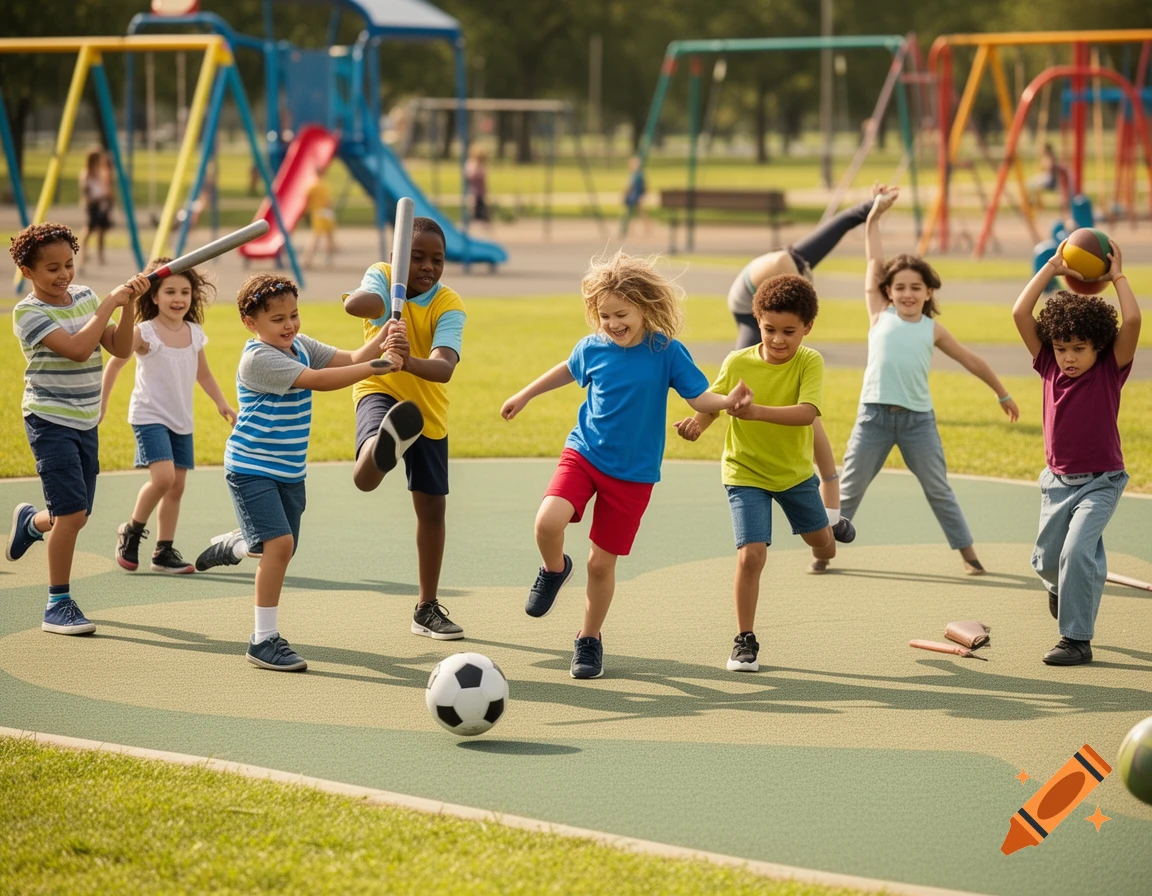 Diverse children playing baseball, soccer, and basketball on a playground, with swings and slides in the background.
