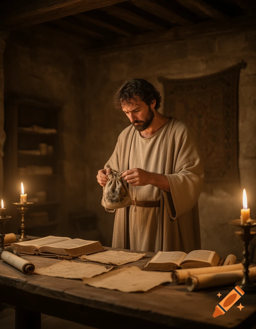A man in ancient robes holds a money bag in a dimly lit room with candles, books, and scrolls on a wooden table, photorealistic style.