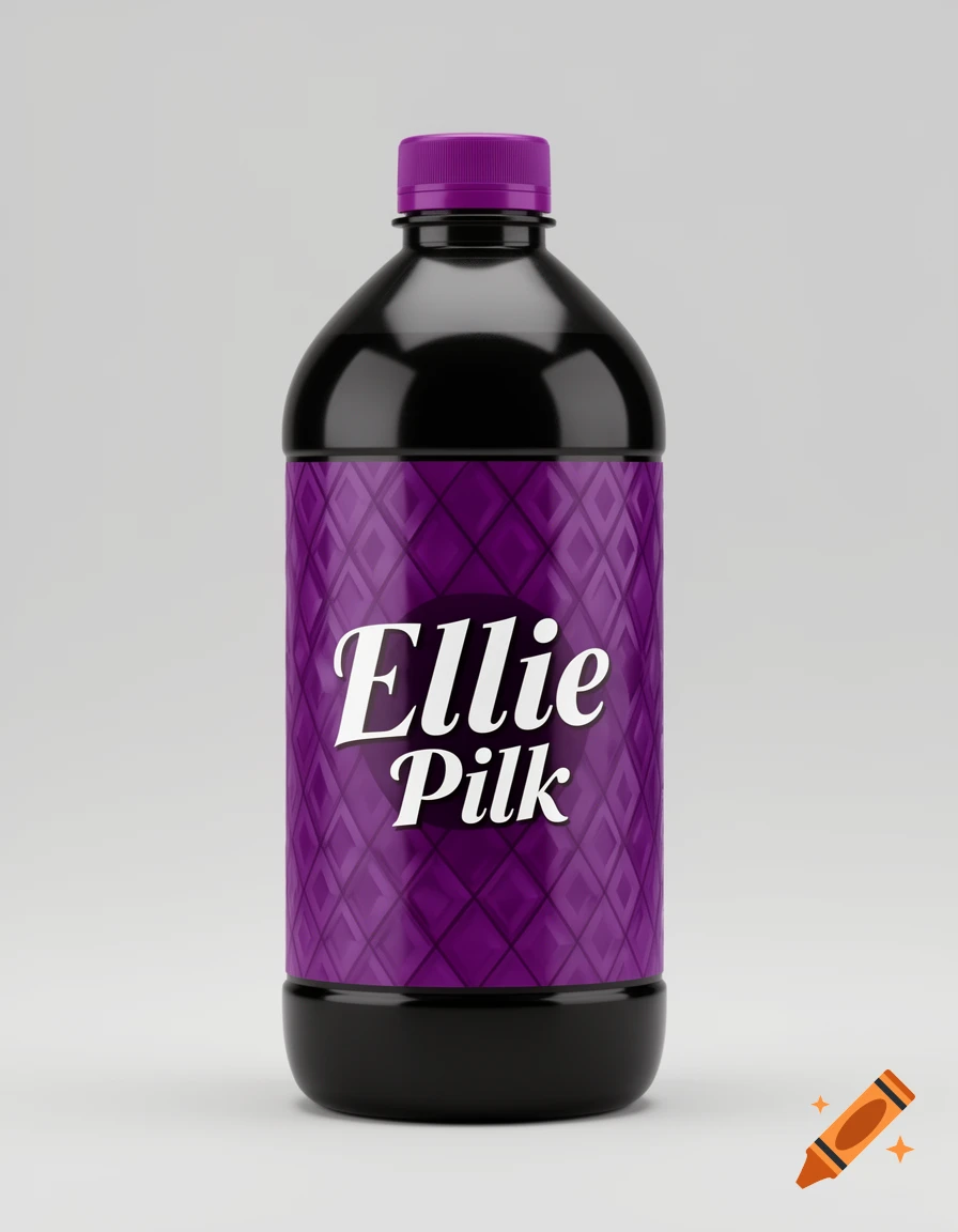 A black bottle with a purple cap and a purple label featuring a diamond pattern and 'Ellie Pilk' in white script.