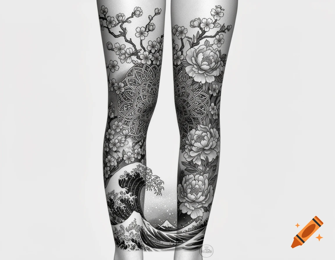 Black and gray leg sleeve tattoos featuring cherry blossoms, peonies, mandalas, and the Great Wave off Kanagawa.