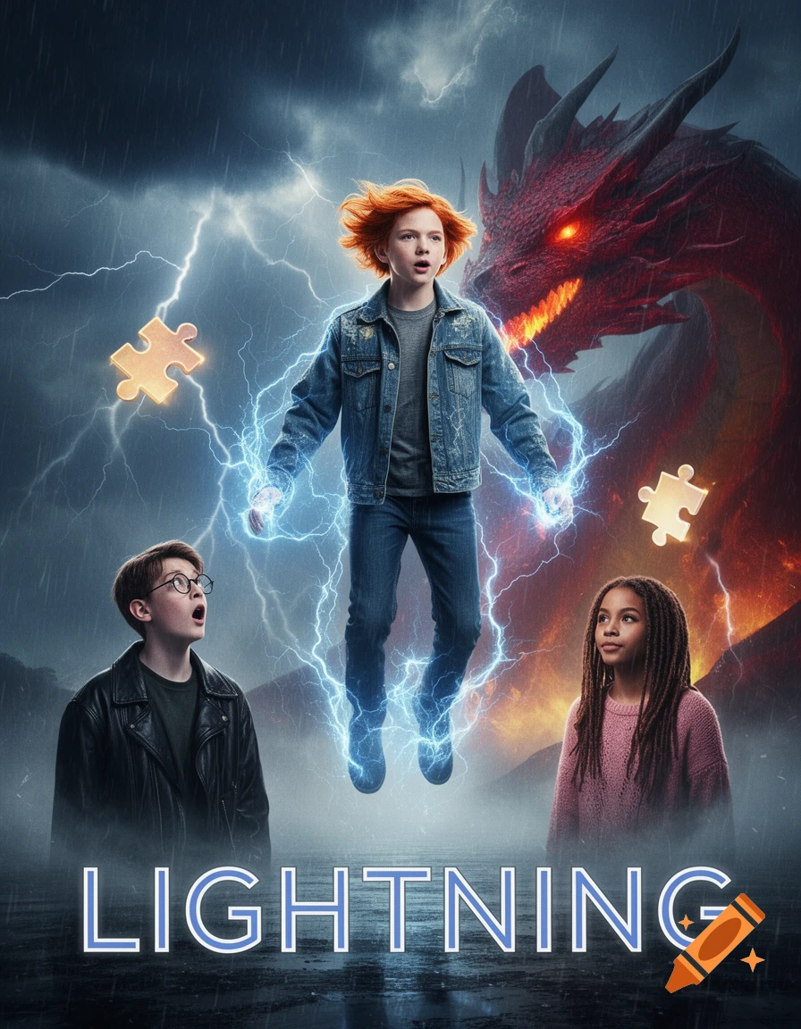 A cinematic movie poster with a red-haired boy levitating amidst blue lightning between two friends, with a red dragon looming in a stormy sky. The title "LIGHTNING" is at the bottom.