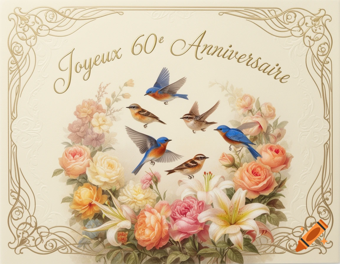 A vintage-style greeting card with gold ornate borders, 'Joyeux 60e Anniversaire' text, various birds, and a lush bouquet of roses and lilies.
