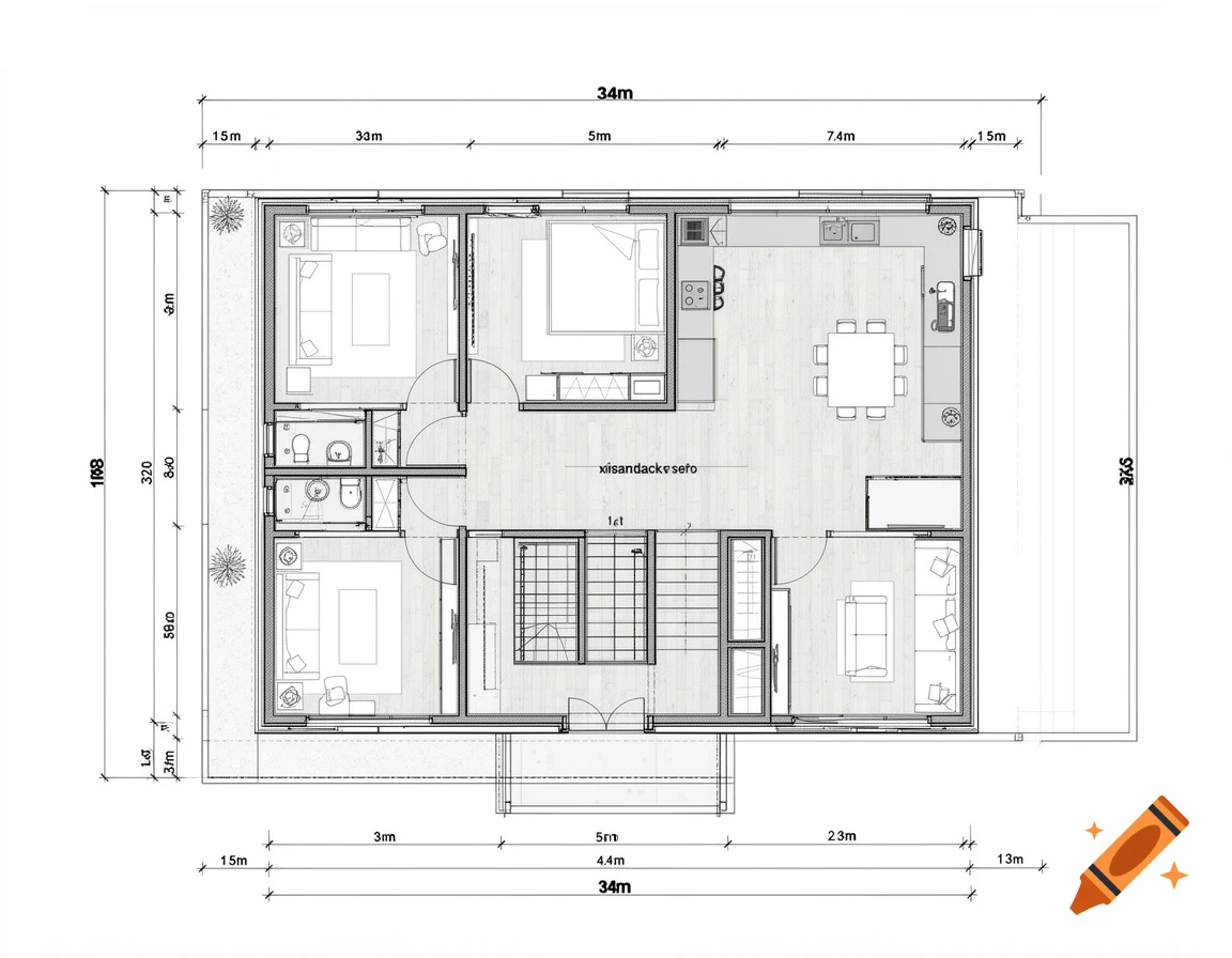 A detailed architectural floor plan of a single-story house, showing rooms, furniture, and dimensions, with some illegible text.