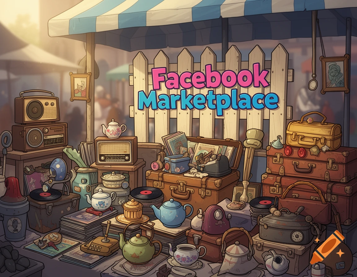 A cartoon illustration of a bustling vintage marketplace stall with a 'Facebook Marketplace' sign.