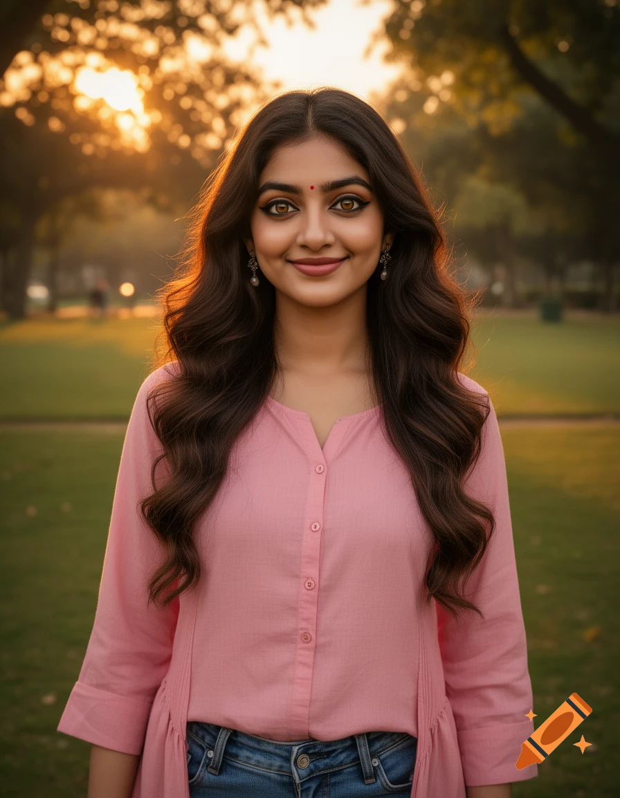 Photorealistic portrait of a young Indian woman with long wavy dark ...