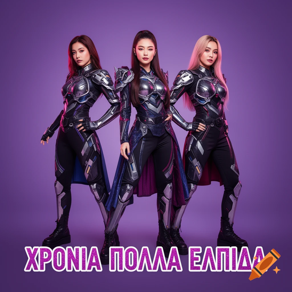 Three K-pop style women in intricate sci-fi armor stand against a purple background with Greek text at the bottom.