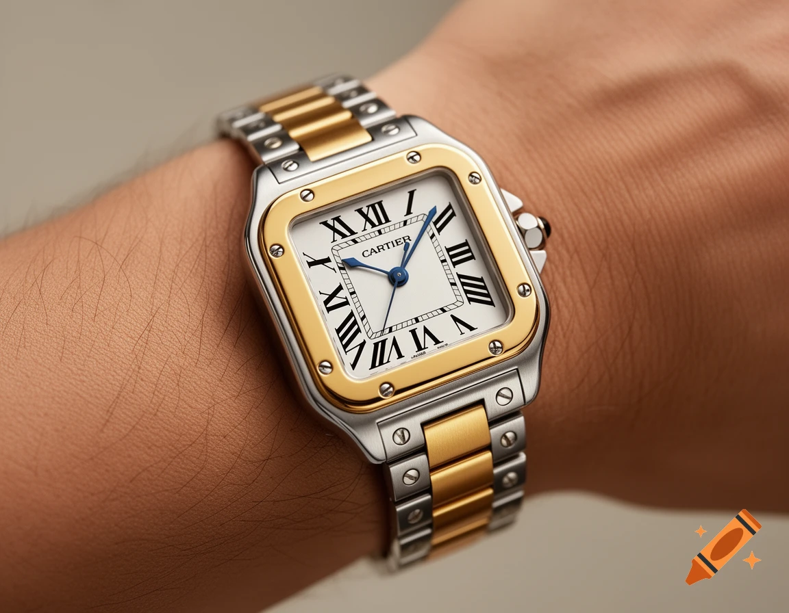 Close-up photorealistic shot of a two-tone Cartier Santos watch with Roman numerals on a wrist.