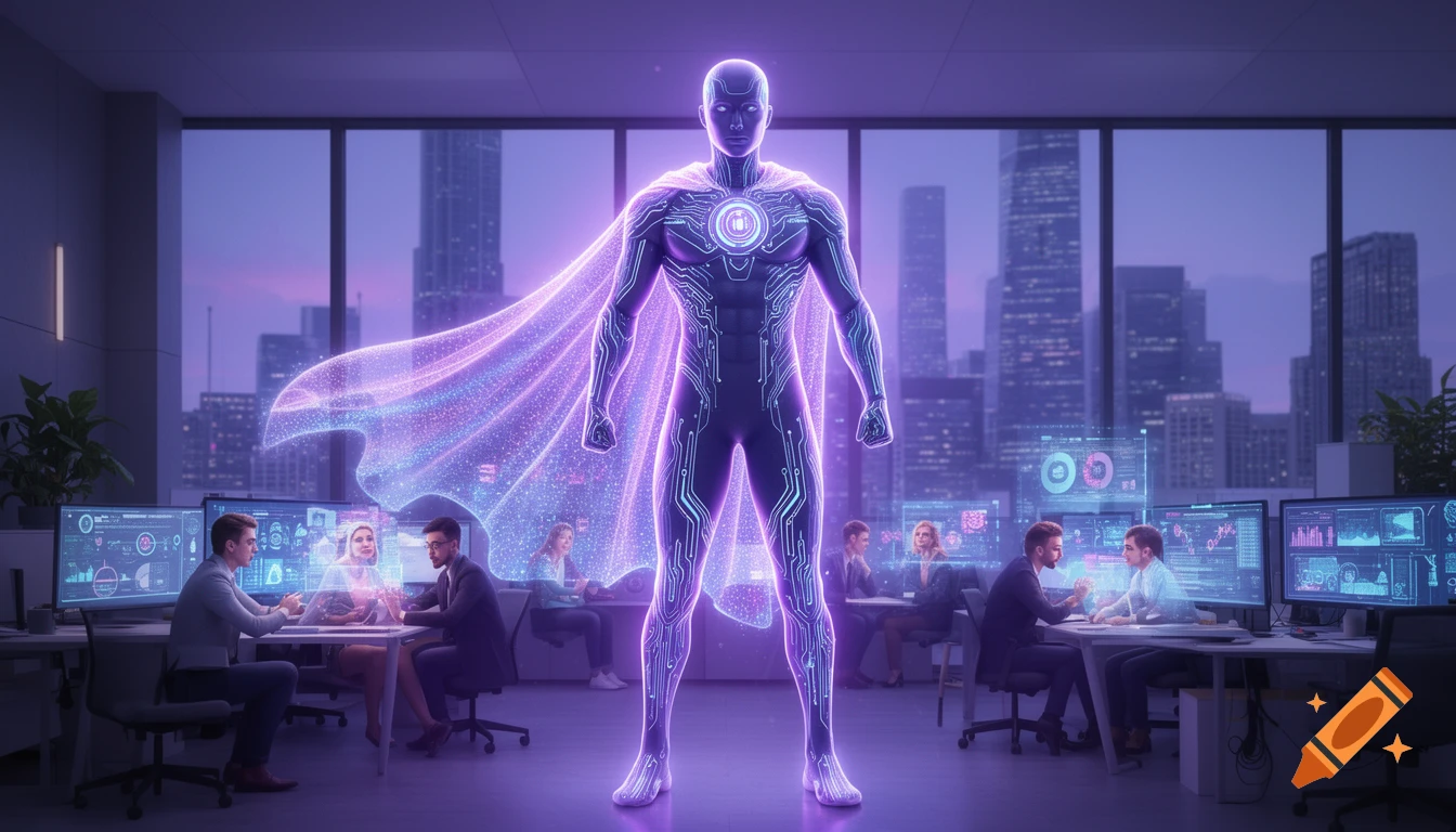 A glowing purple AI superhero with circuit patterns stands in a futuristic office, surrounded by workers and city skyline.