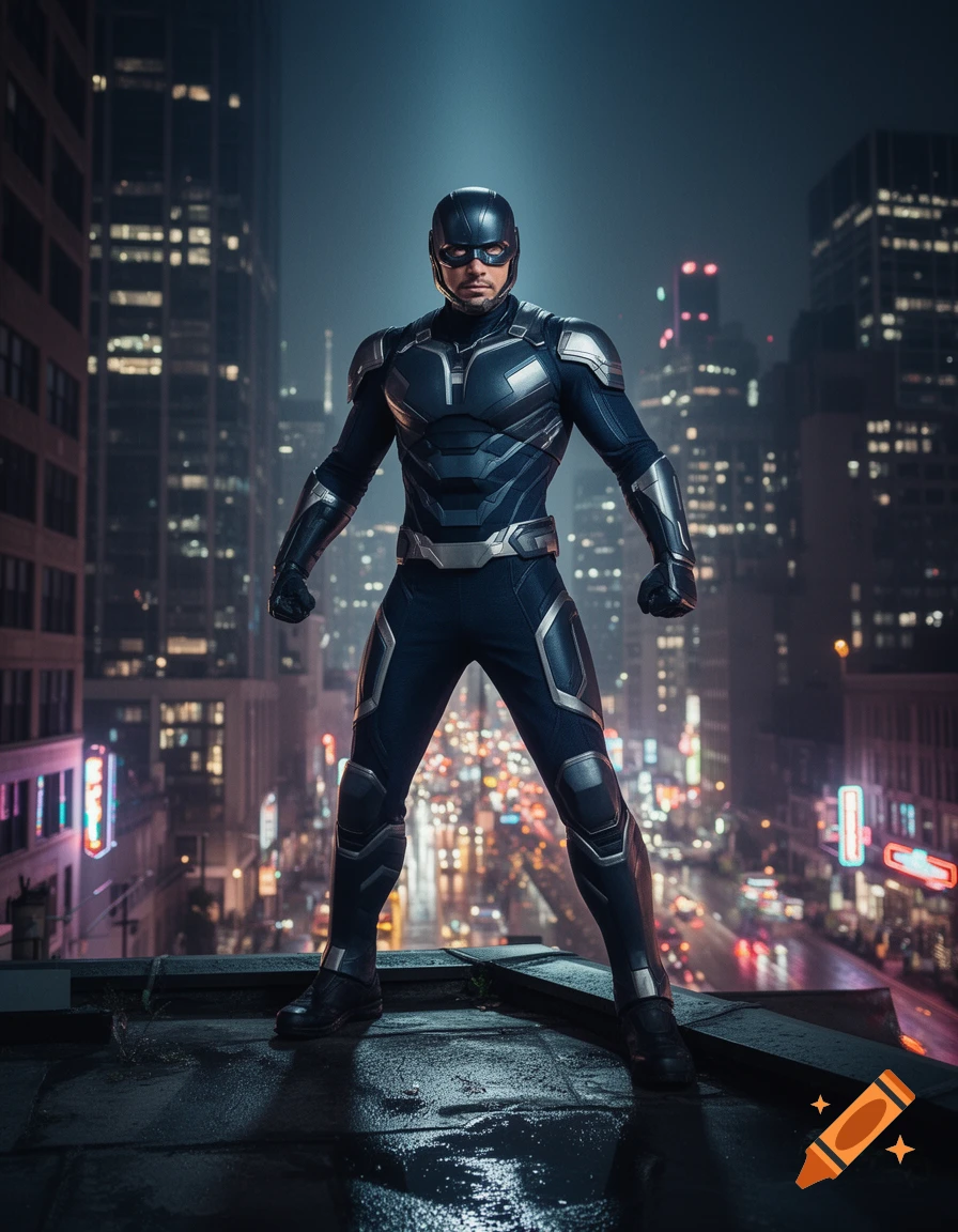 A male superhero in a dark armored suit and helmet stands on a wet rooftop overlooking a bustling city at night.