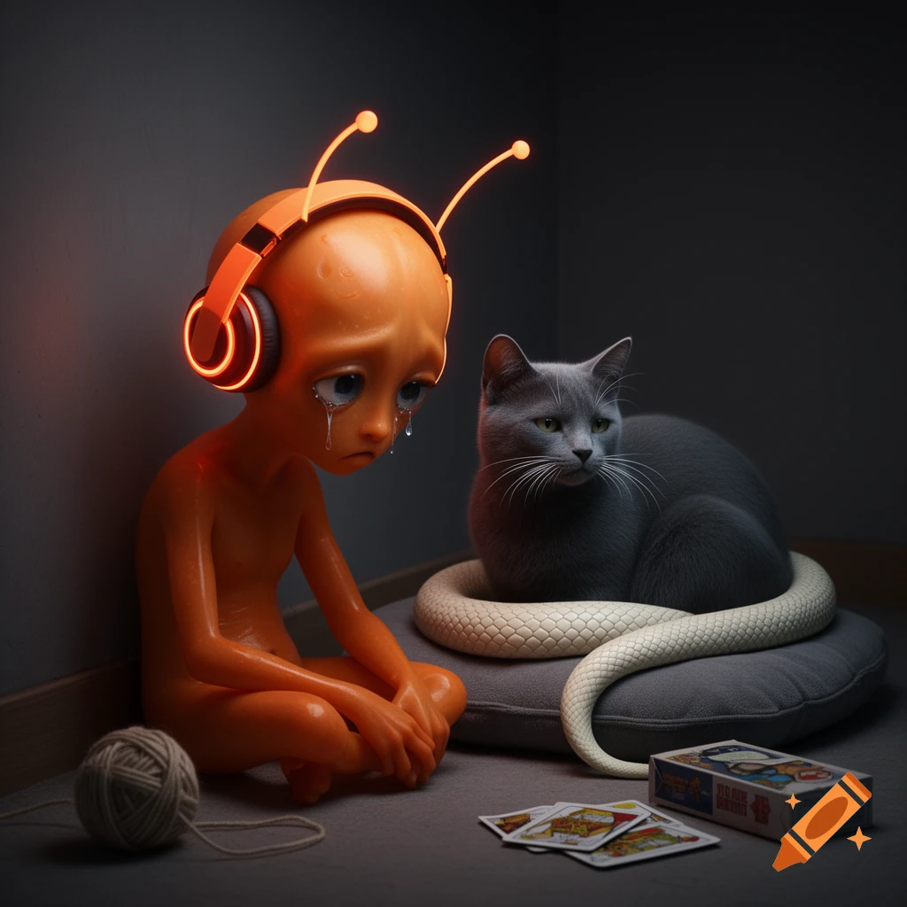 A sad orange alien with glowing orange headphones and antennae sits crying on the floor next to a gray cat, with an ivory snake coiled around the cat.