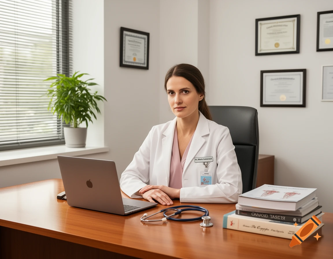 A photorealistic image of a female doctor in a white lab coat sitting at a wooden desk with a laptop, stethoscope, and books.