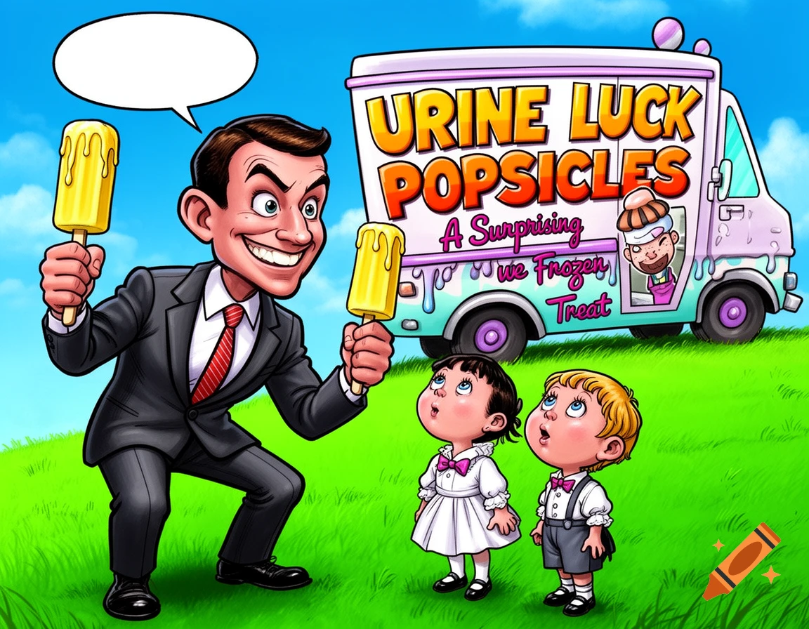 A sinister cartoon man offers yellow popsicles from a "Urine Luck Popsicles" van to two wide-eyed children.